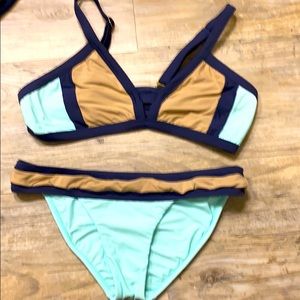 Aqua, Tan, and Navy two piece bikini